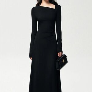 Commense Black Asymmetrical Long Sleeve Maxi Gown